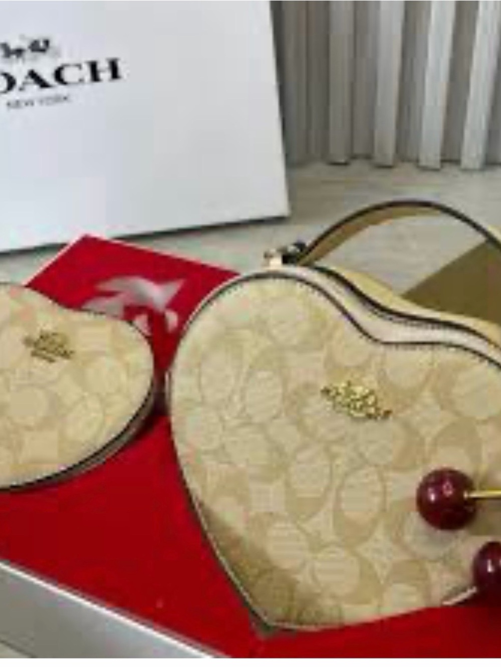 Coach Heart-Shaped Mini Crossbody in Beige and Red Accent